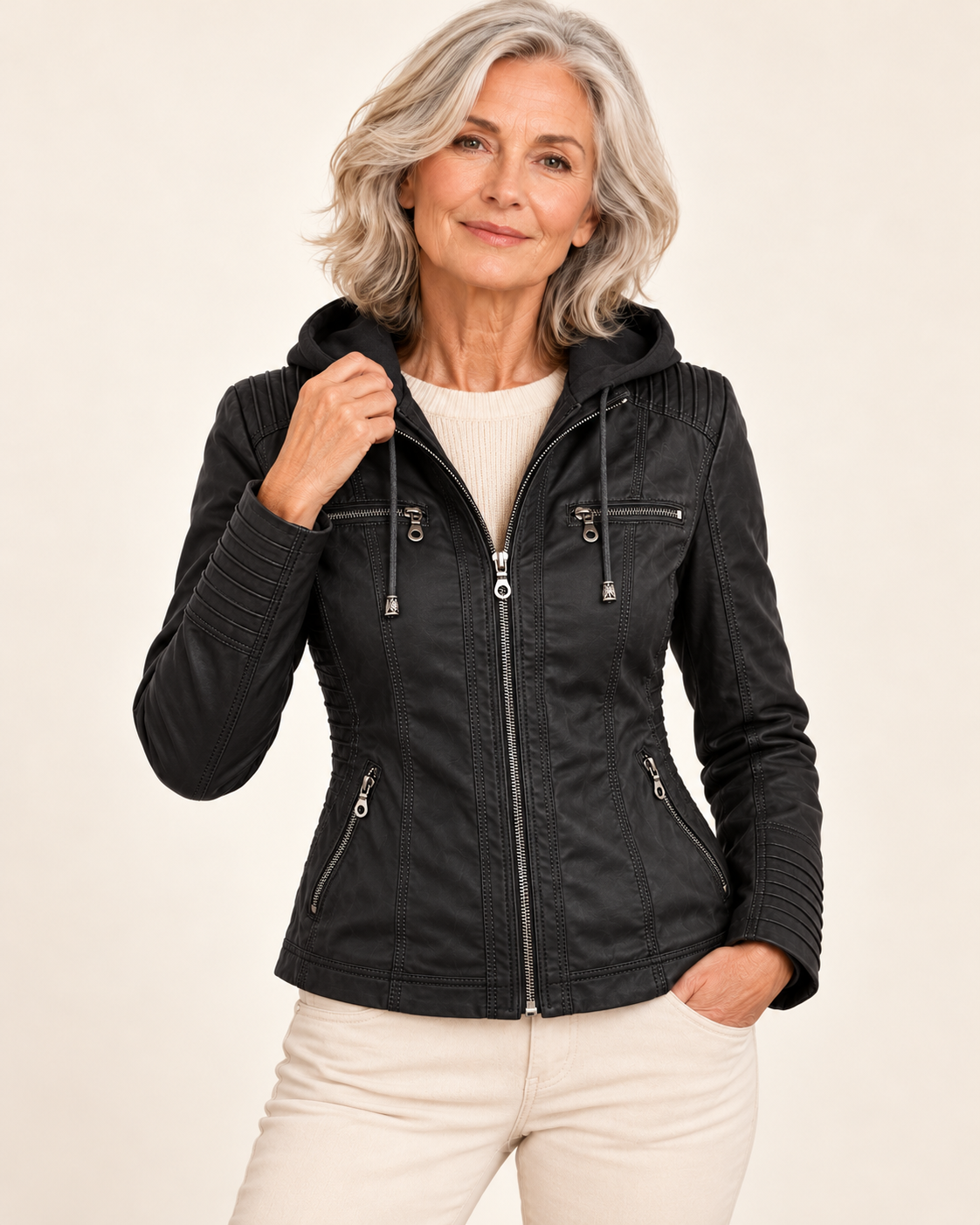 Clara | Elegant Hooded Moto Jacket