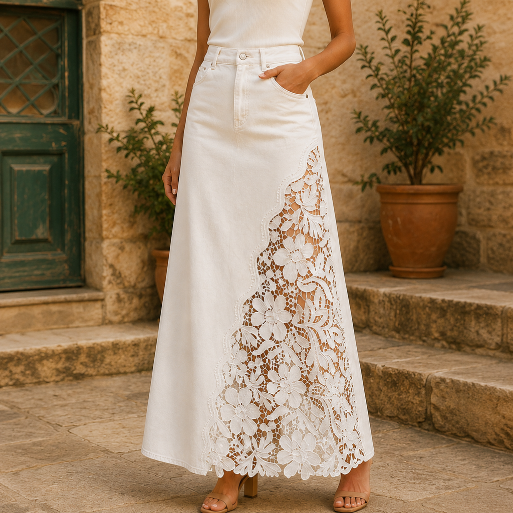 Solenne | Lace Denim Maxi Skirt