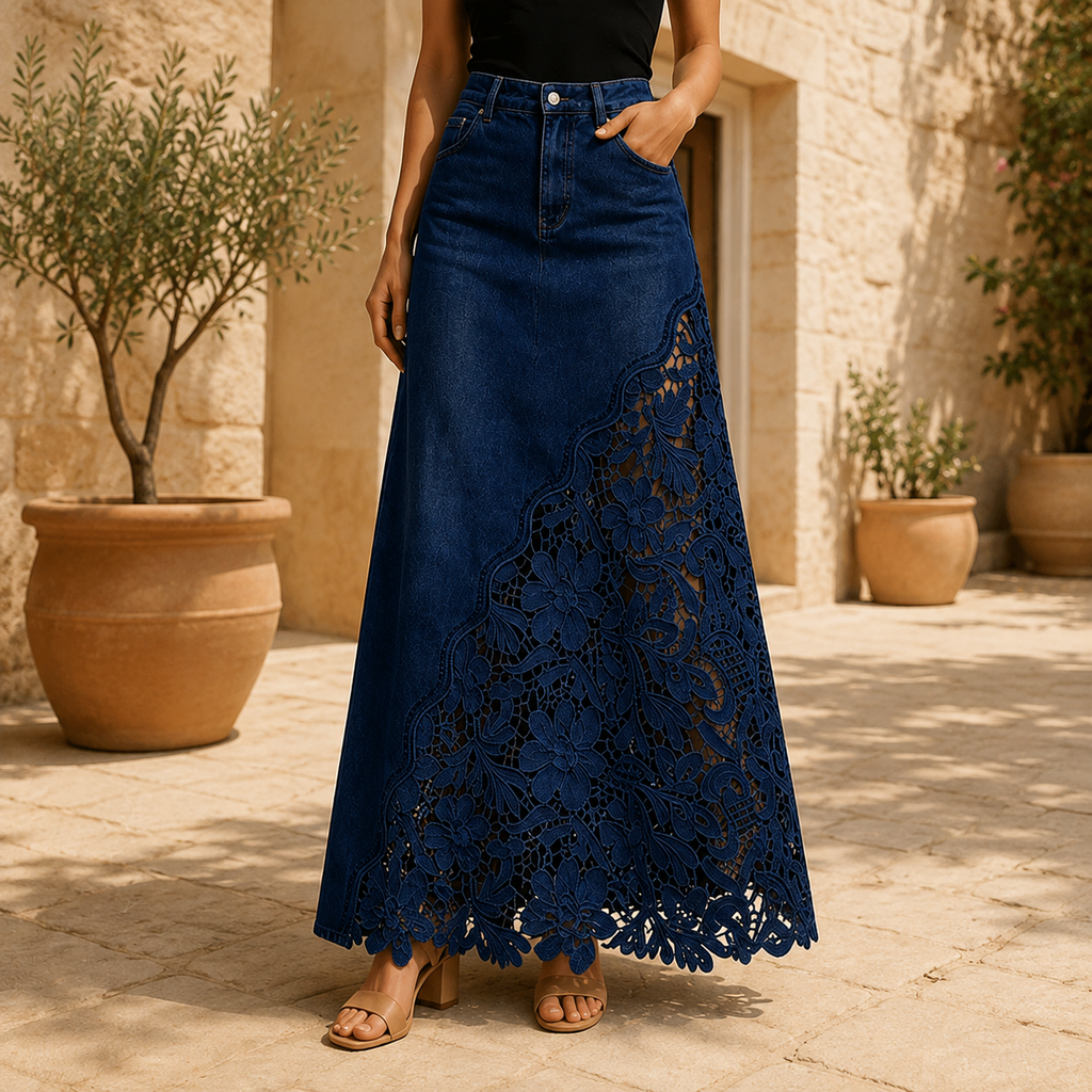 Solenne | Lace Denim Maxi Skirt