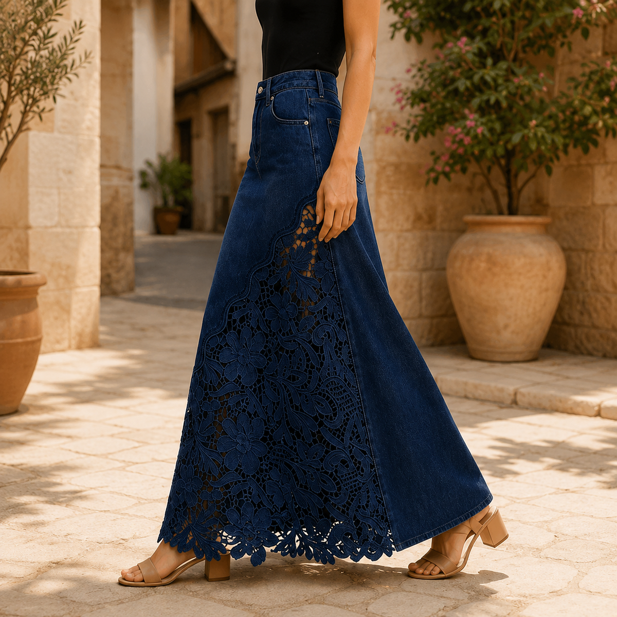 Solenne | Lace Denim Maxi Skirt