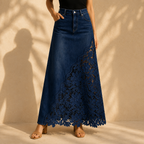 Solenne | Lace Denim Maxi Skirt