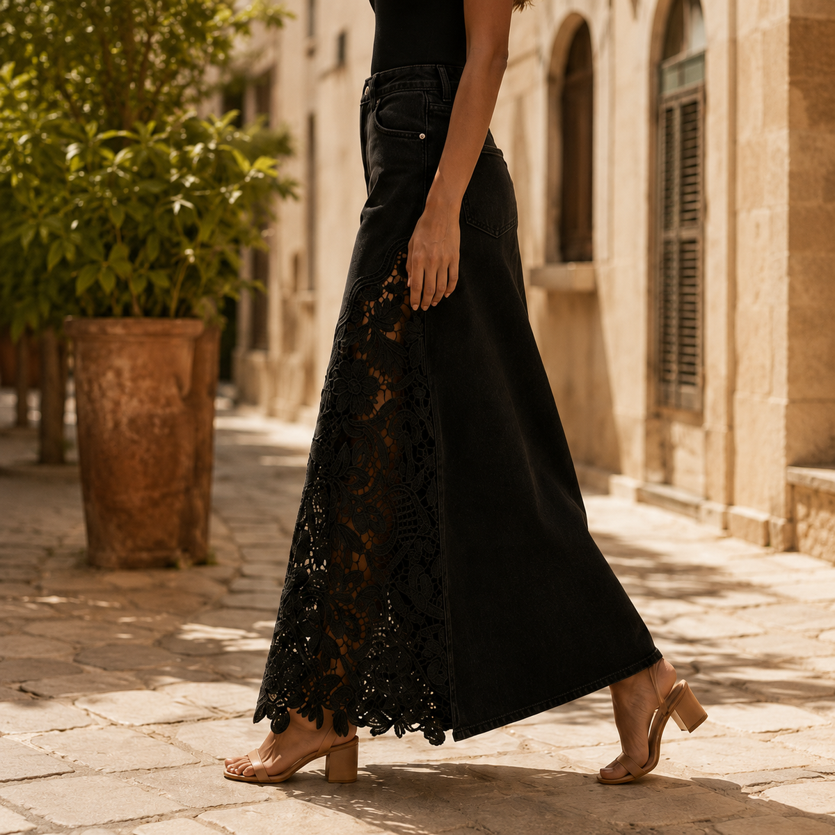 Solenne | Lace Denim Maxi Skirt