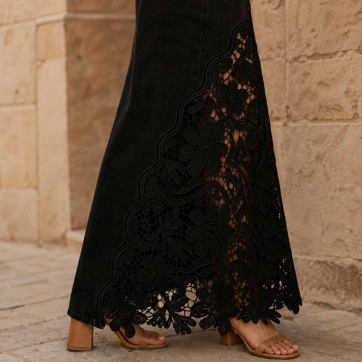 Solenne | Lace Denim Maxi Skirt