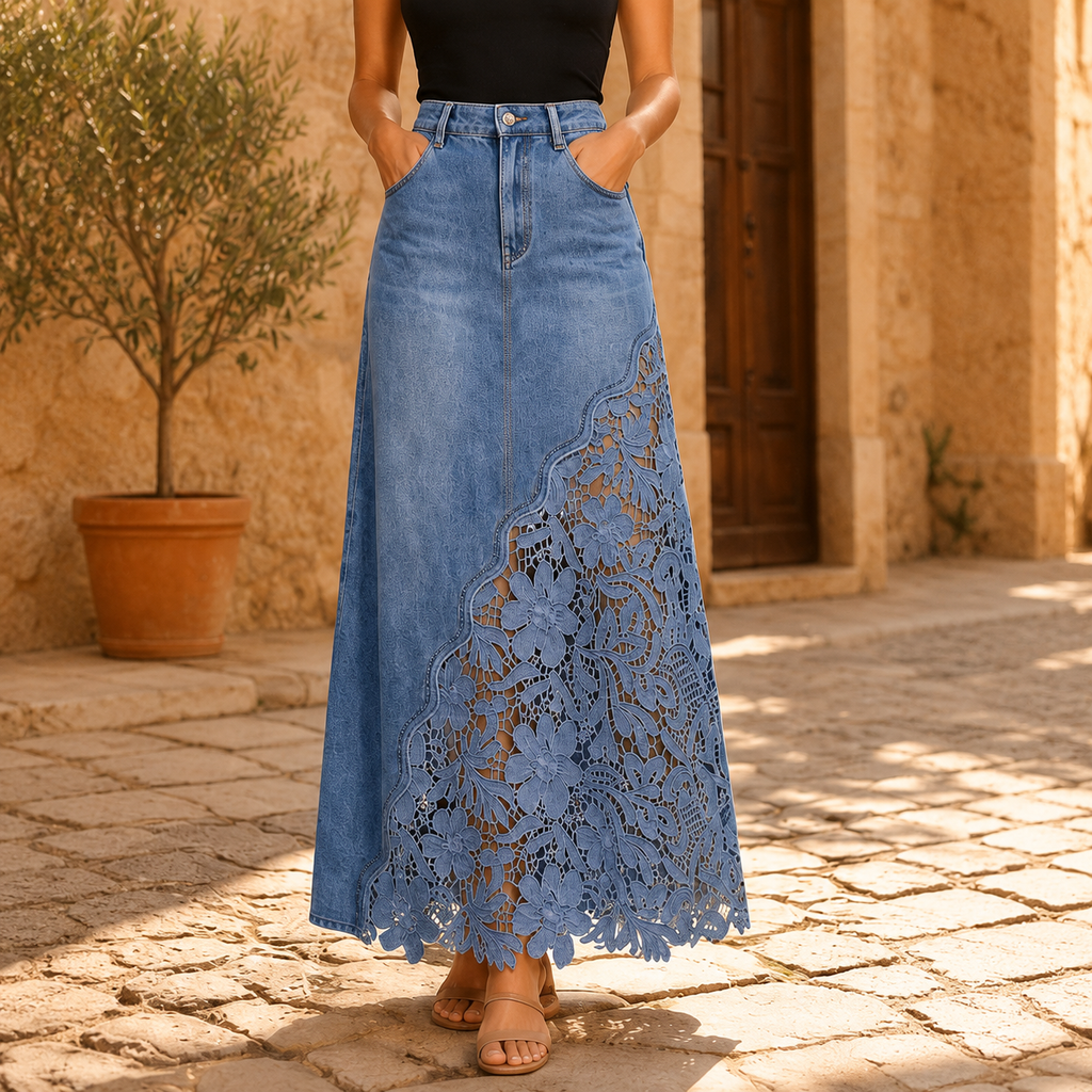 Solenne | Lace Denim Maxi Skirt