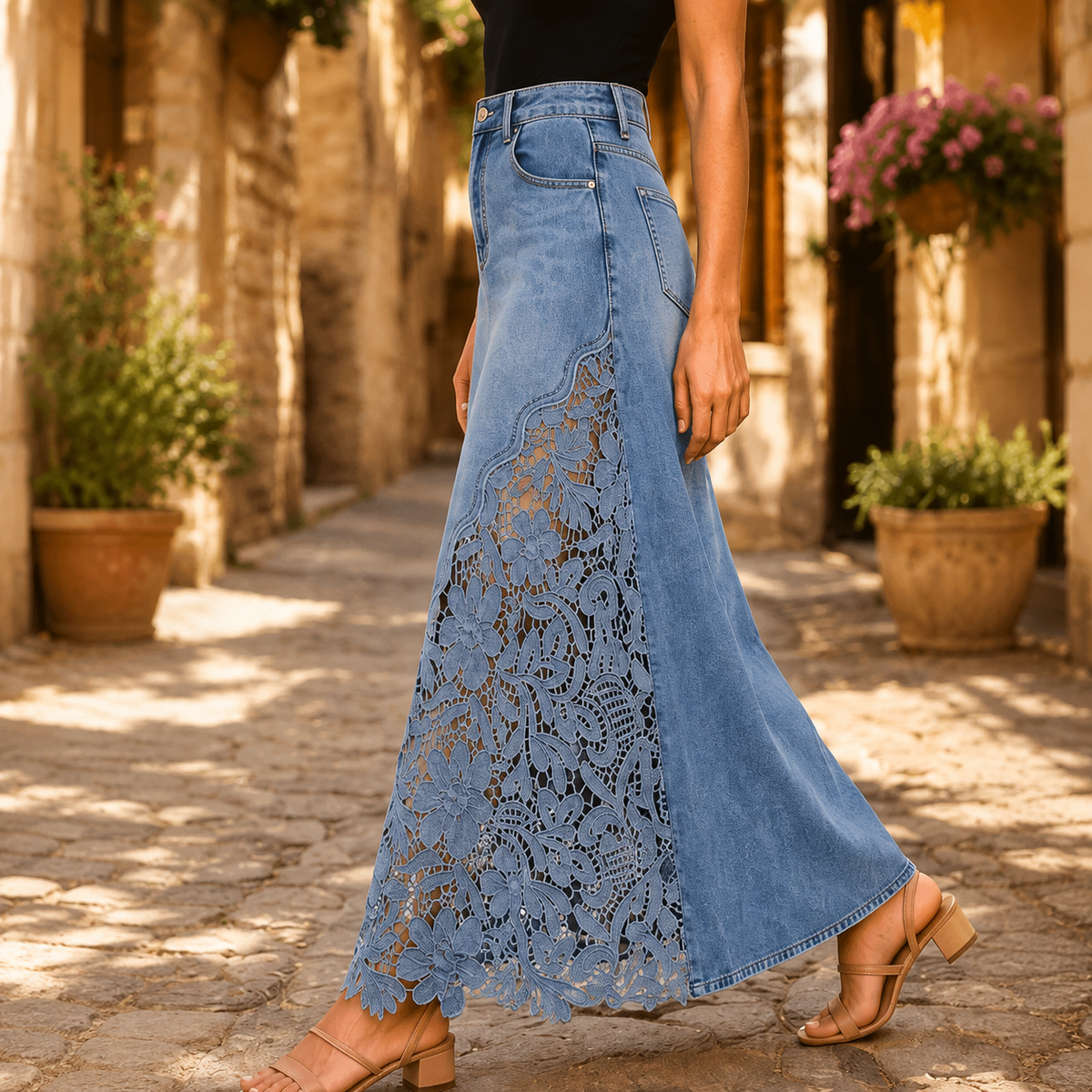 Solenne | Lace Denim Maxi Skirt