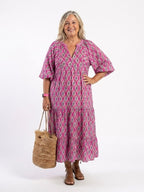 Apolline | Three Quarter Sleeve V Neck Patterned Midi Dress
