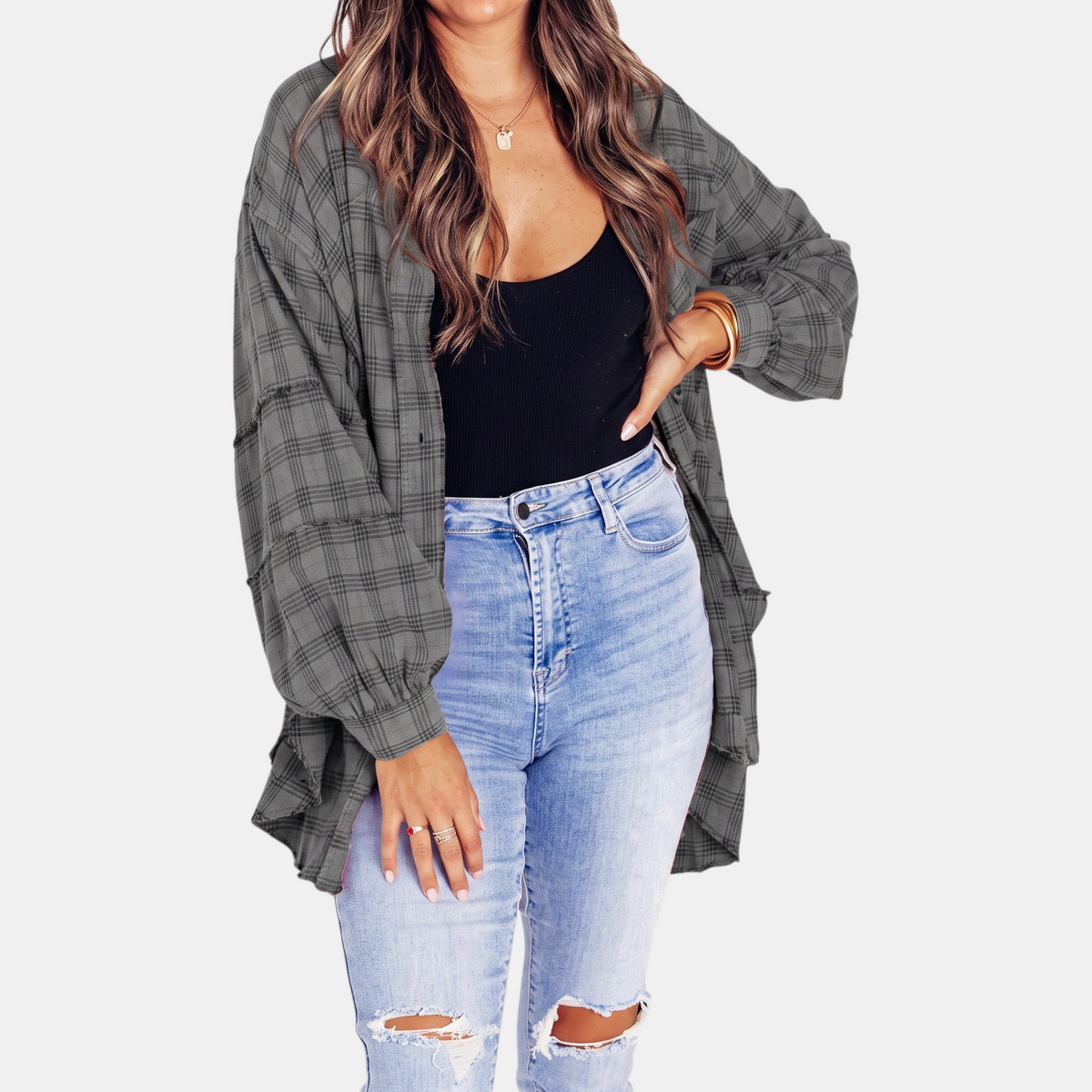 Camille | Women's Raw Hem Flannel Shirt Oversized Long Sleeve Blouse