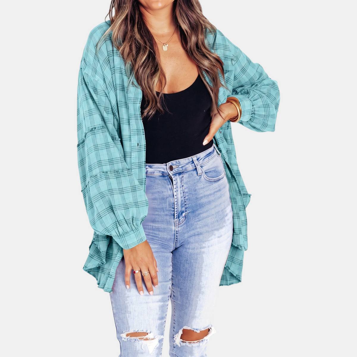 Camille | Women's Raw Hem Flannel Shirt Oversized Long Sleeve Blouse