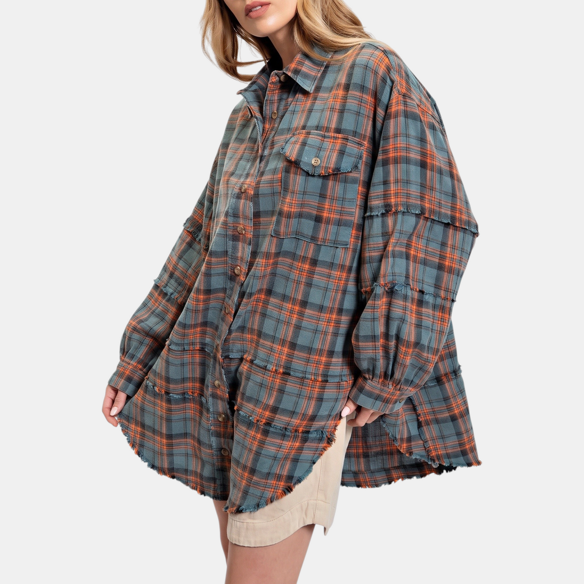 Camille | Women's Raw Hem Flannel Shirt Oversized Long Sleeve Blouse