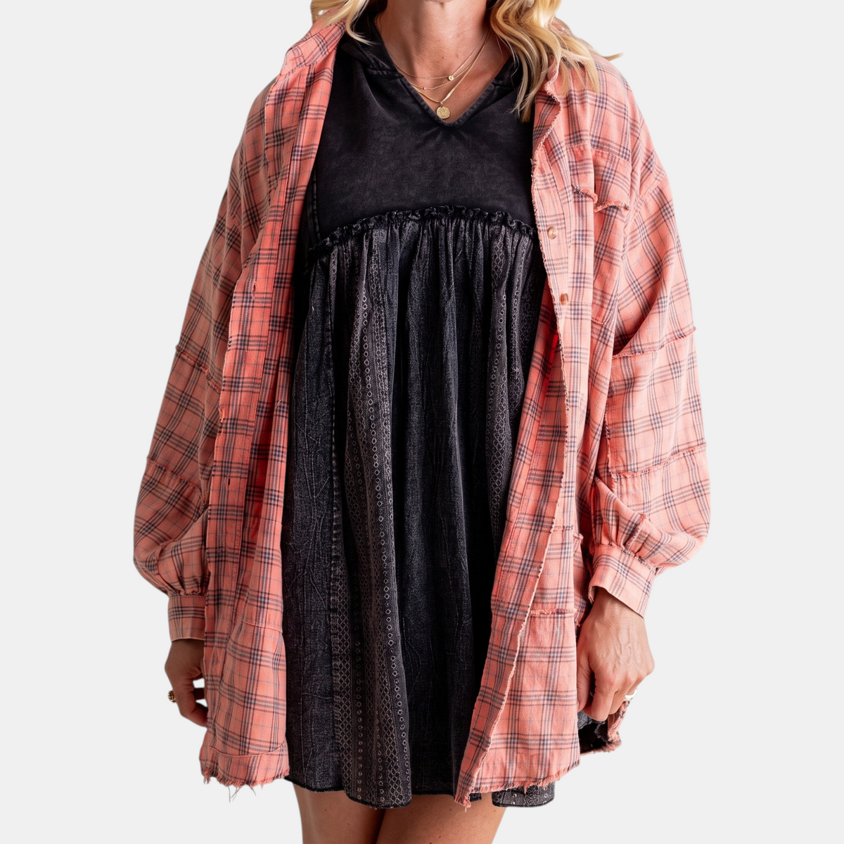 Camille | Women's Raw Hem Flannel Shirt Oversized Long Sleeve Blouse