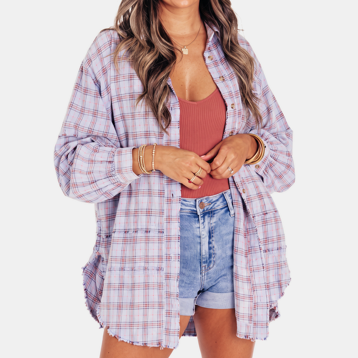 Camille | Women's Raw Hem Flannel Shirt Oversized Long Sleeve Blouse