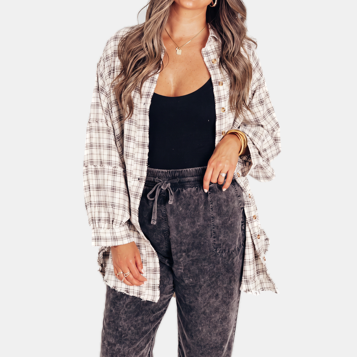 Camille | Women's Raw Hem Flannel Shirt Oversized Long Sleeve Blouse