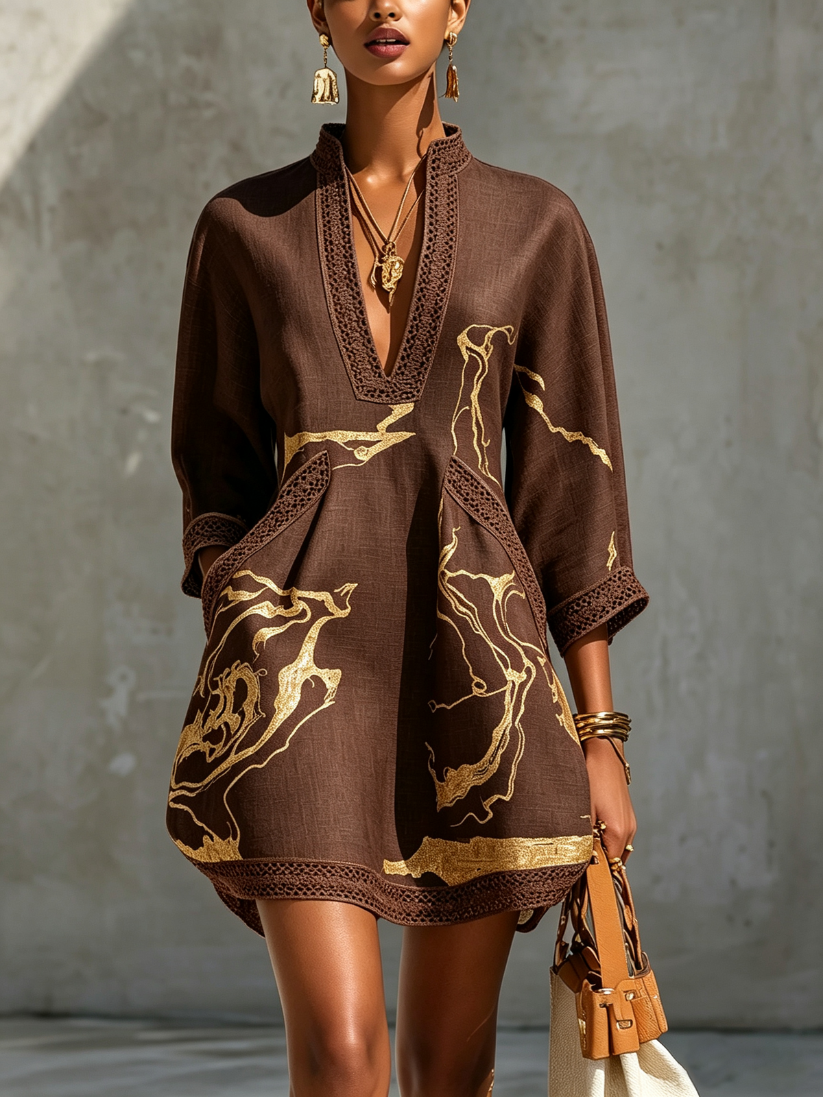 Amélie | Gold Print Lace Dress