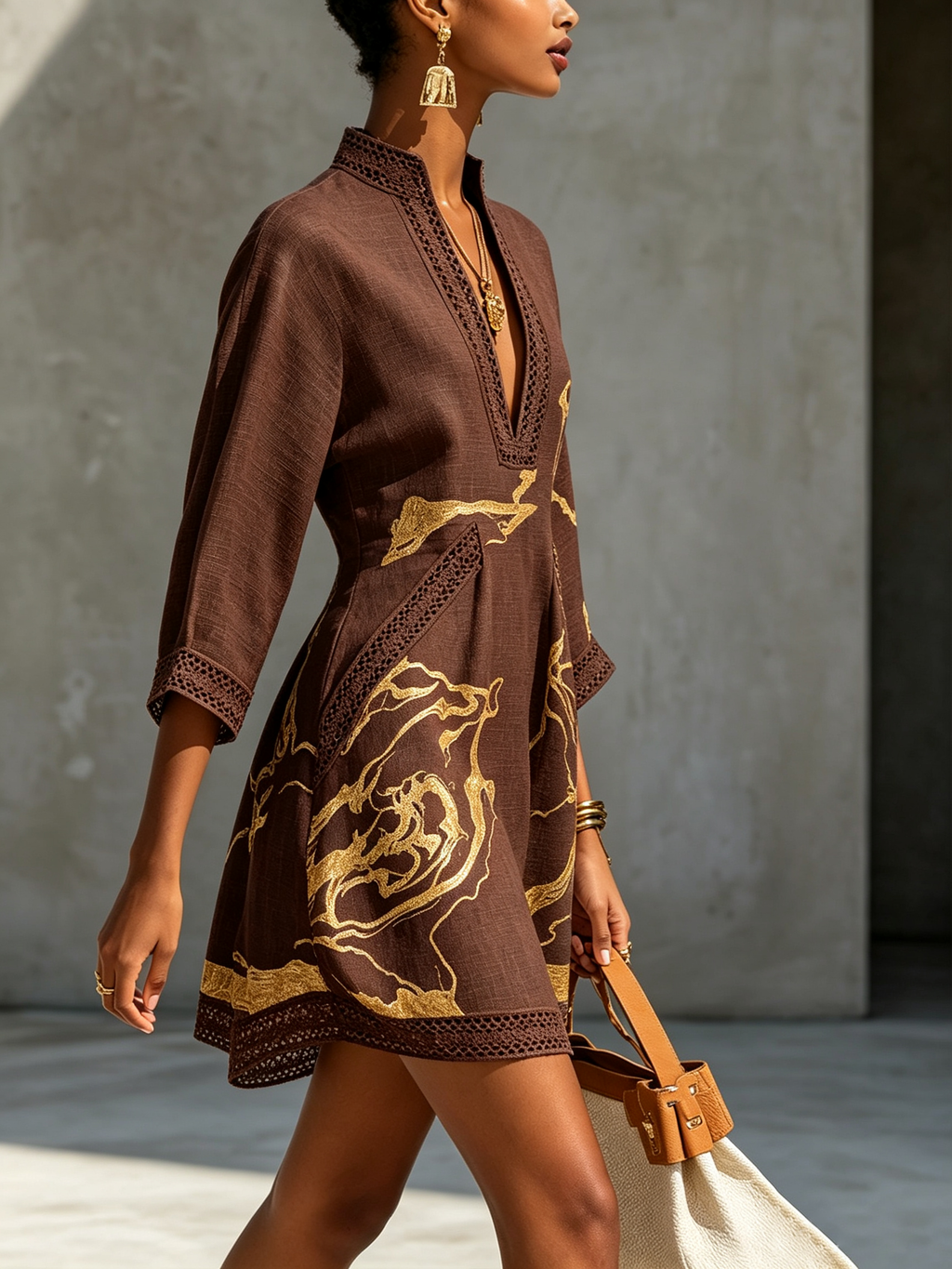 Amélie | Gold Print Lace Dress