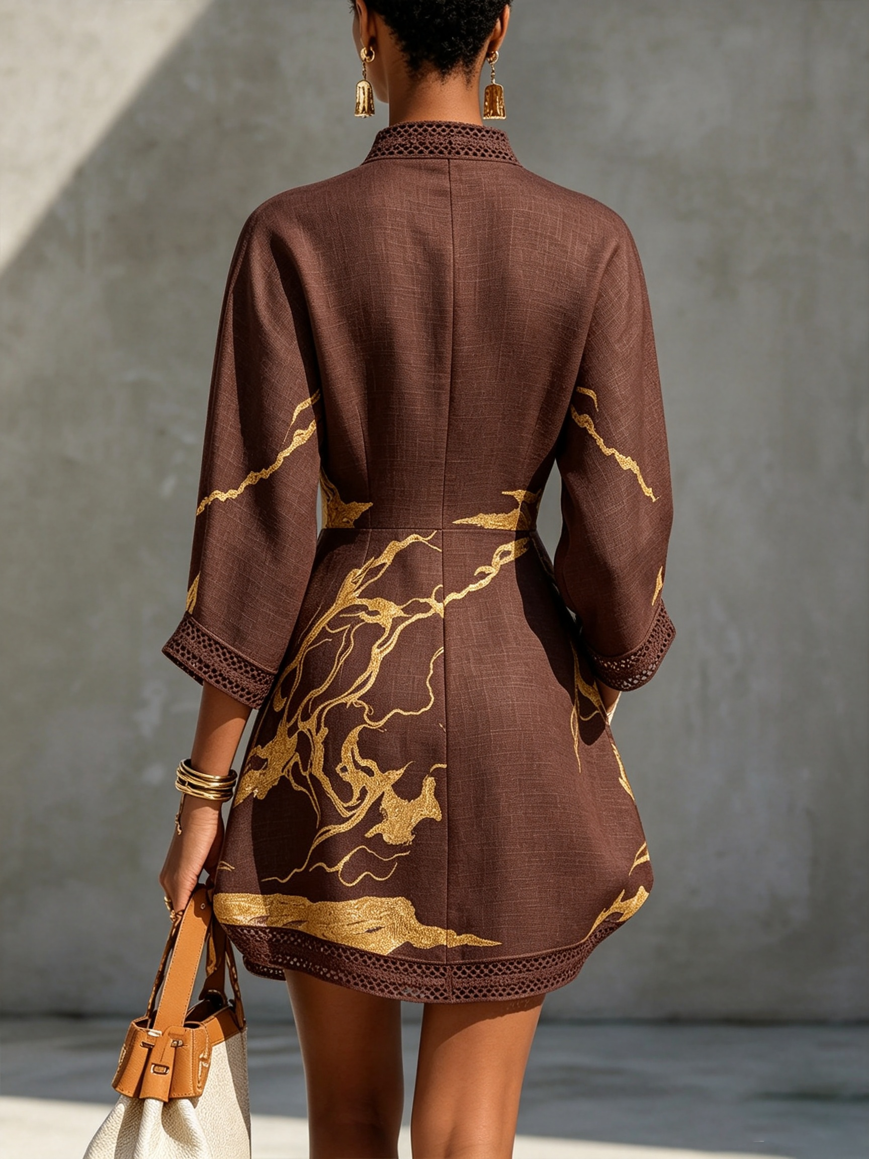 Amélie | Gold Print Lace Dress