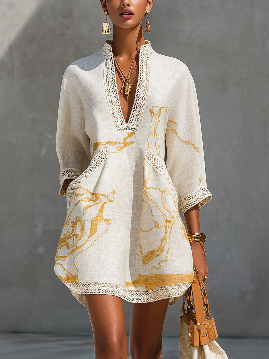 Amélie | Gold Print Lace Dress
