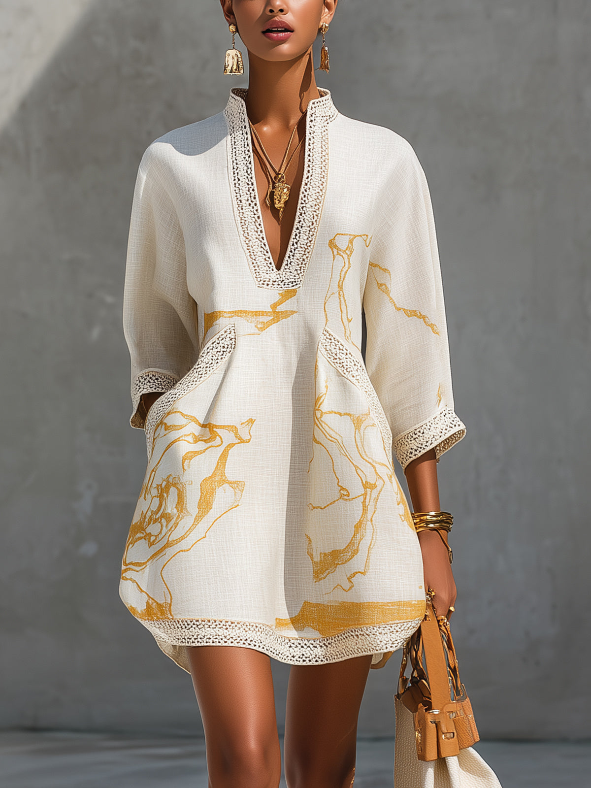 Amélie | Gold Print Lace Dress