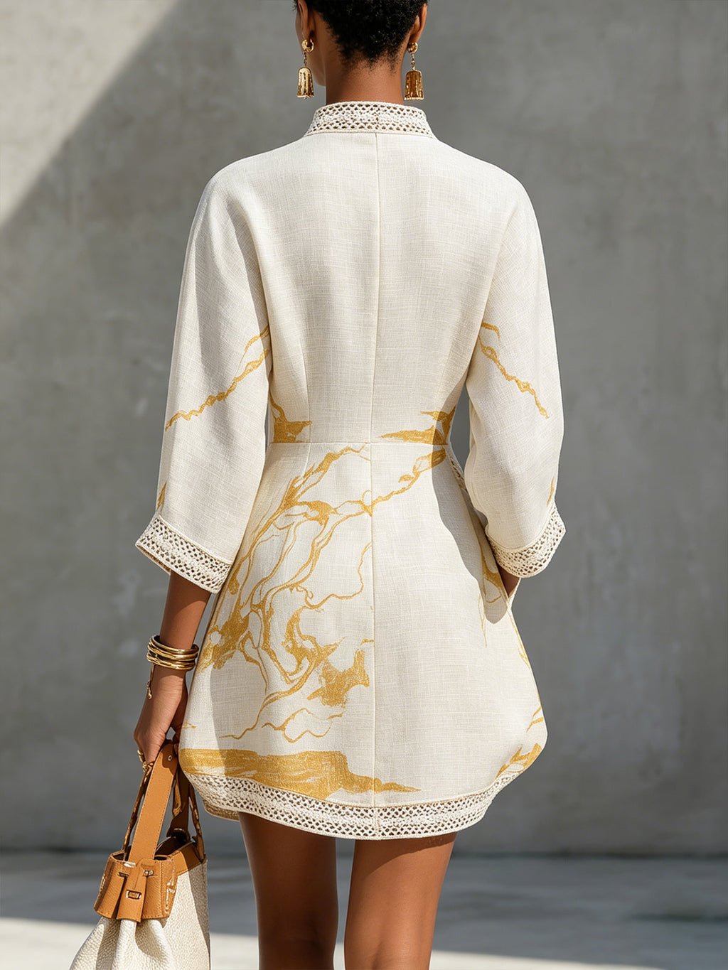Amélie | Gold Print Lace Dress