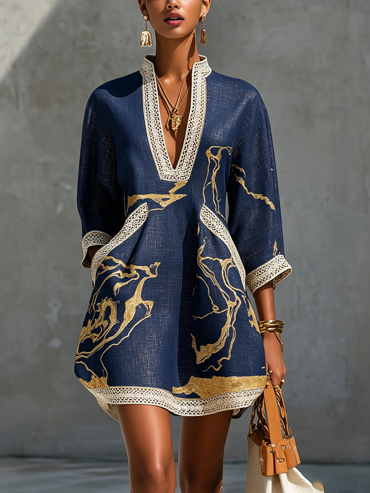 Amélie | Gold Print Lace Dress