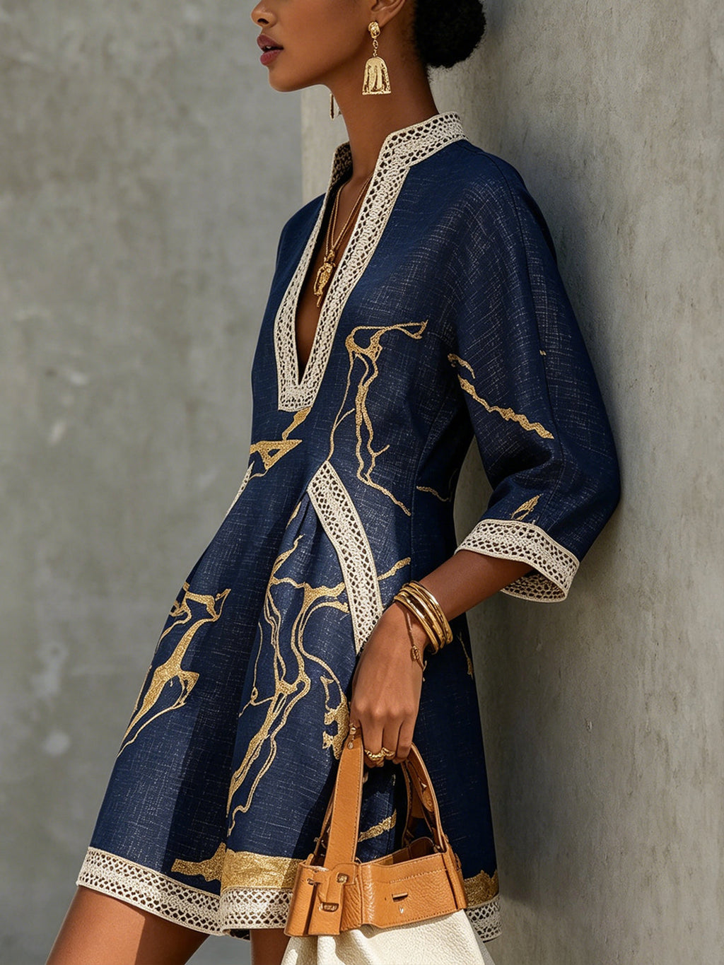Amélie | Gold Print Lace Dress