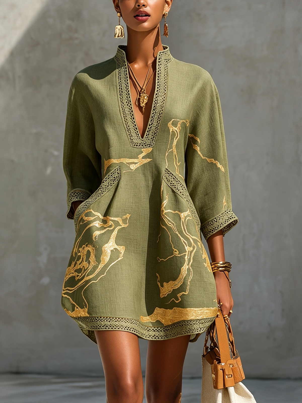 Amélie | Gold Print Lace Dress