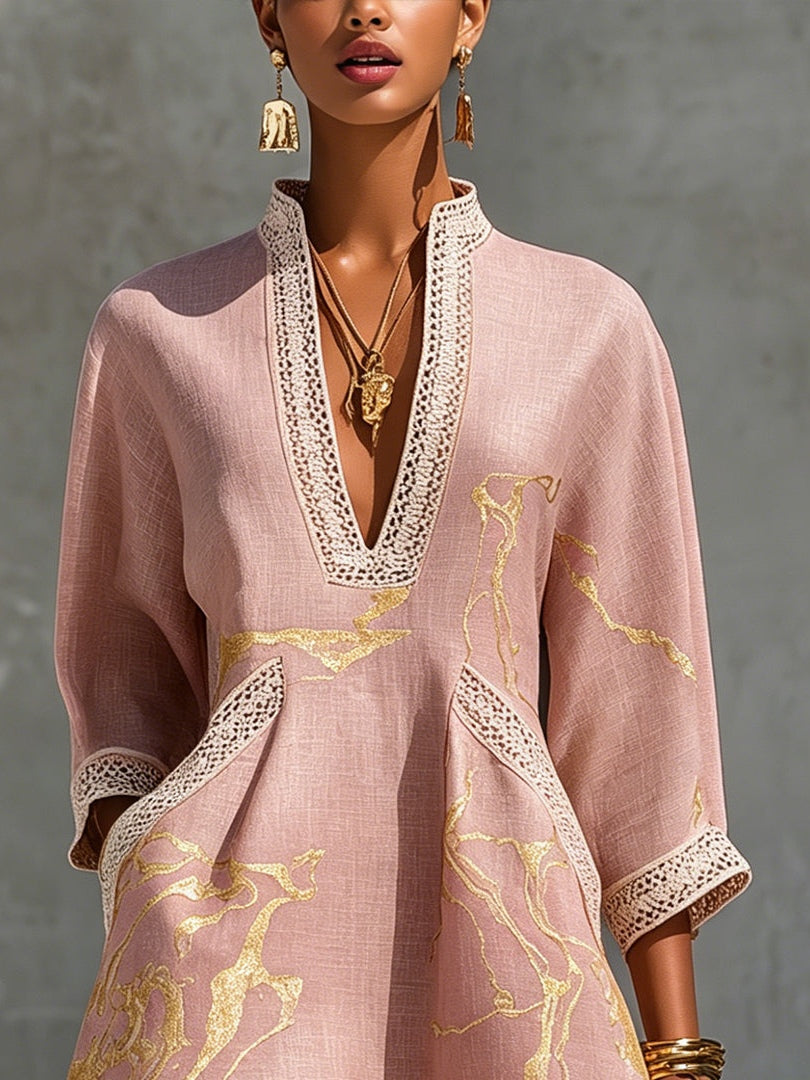 Amélie | Gold Print Lace Dress