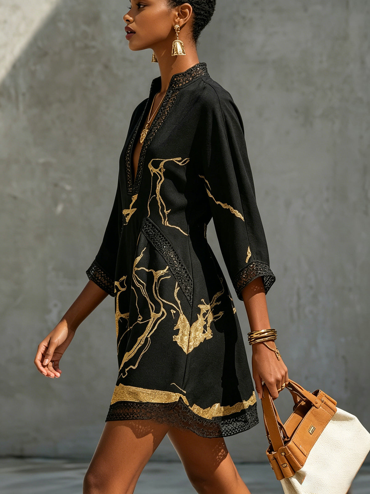 Amélie | Gold Print Lace Dress