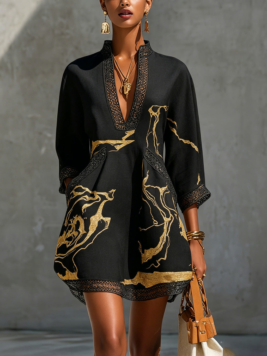 Amélie | Gold Print Lace Dress