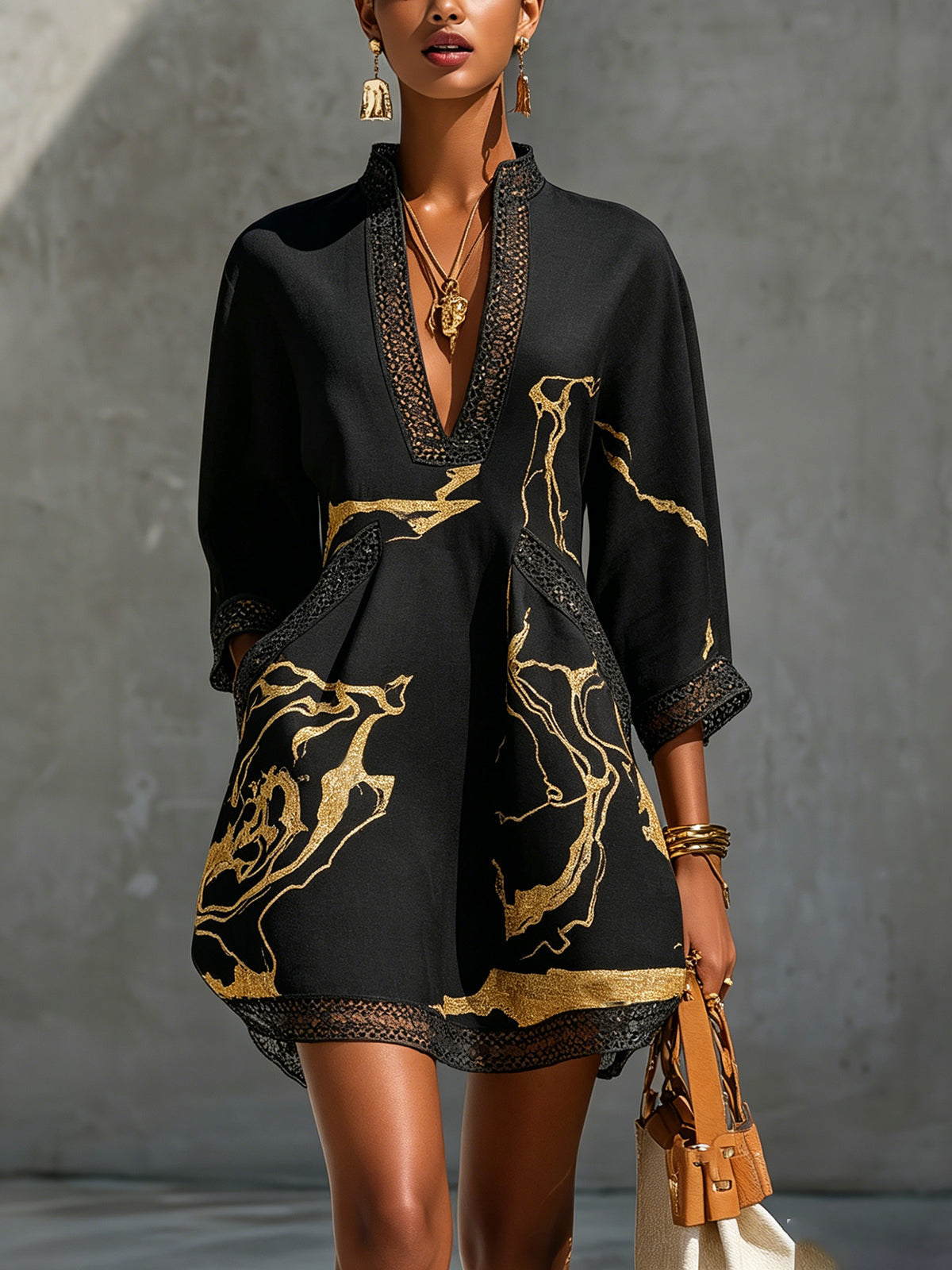 Amélie | Gold Print Lace Dress