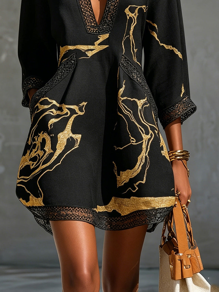 Amélie | Gold Print Lace Dress