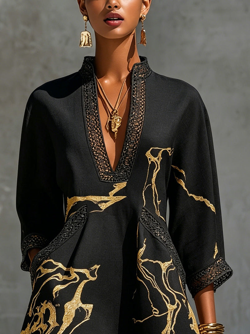 Amélie | Gold Print Lace Dress