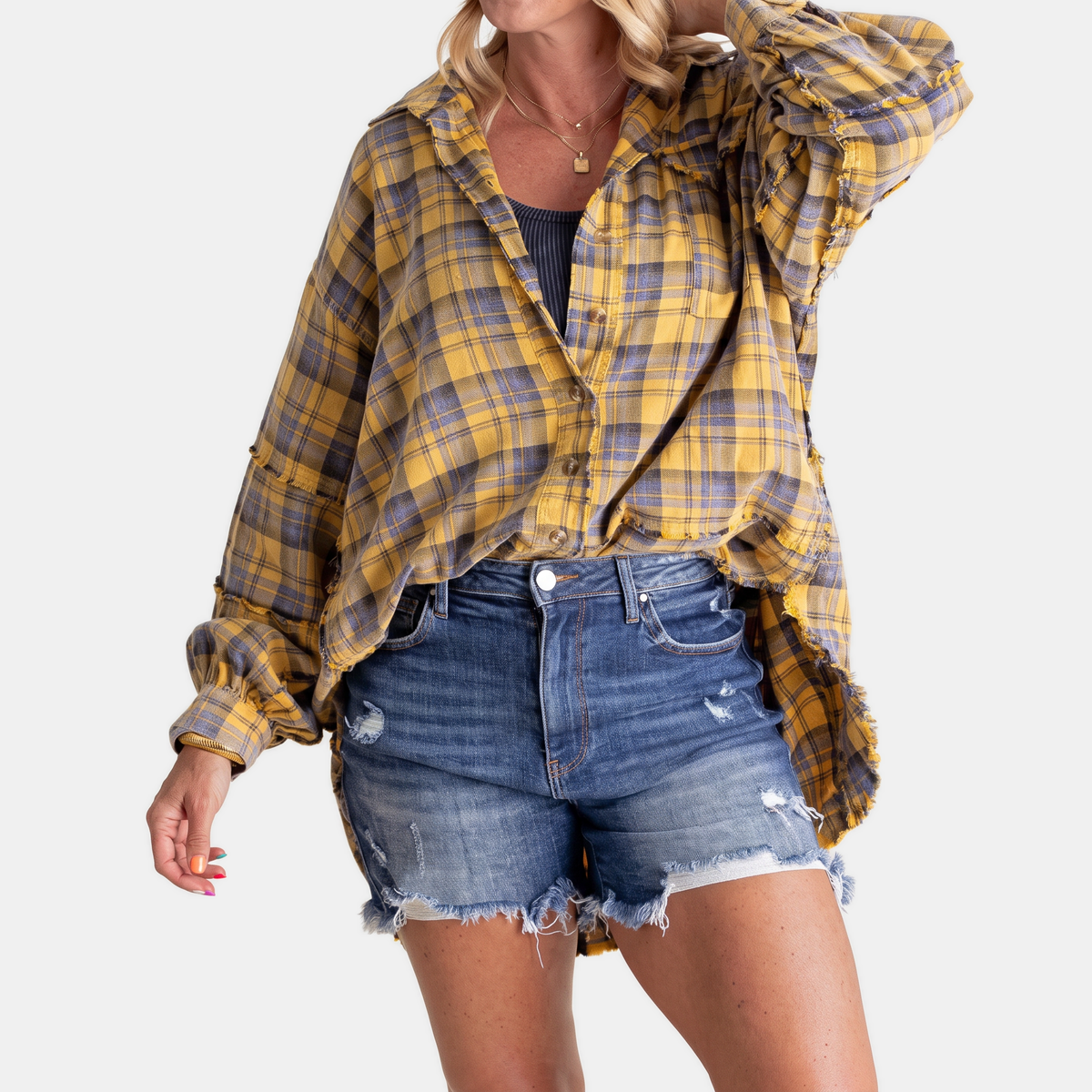 Camille | Women's Raw Hem Flannel Shirt Oversized Long Sleeve Blouse