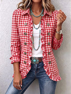 Charlene™ Gingham Ruffled Button-Up Jacket
