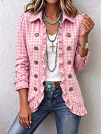 Charlene™ Gingham Ruffled Button-Up Jacket